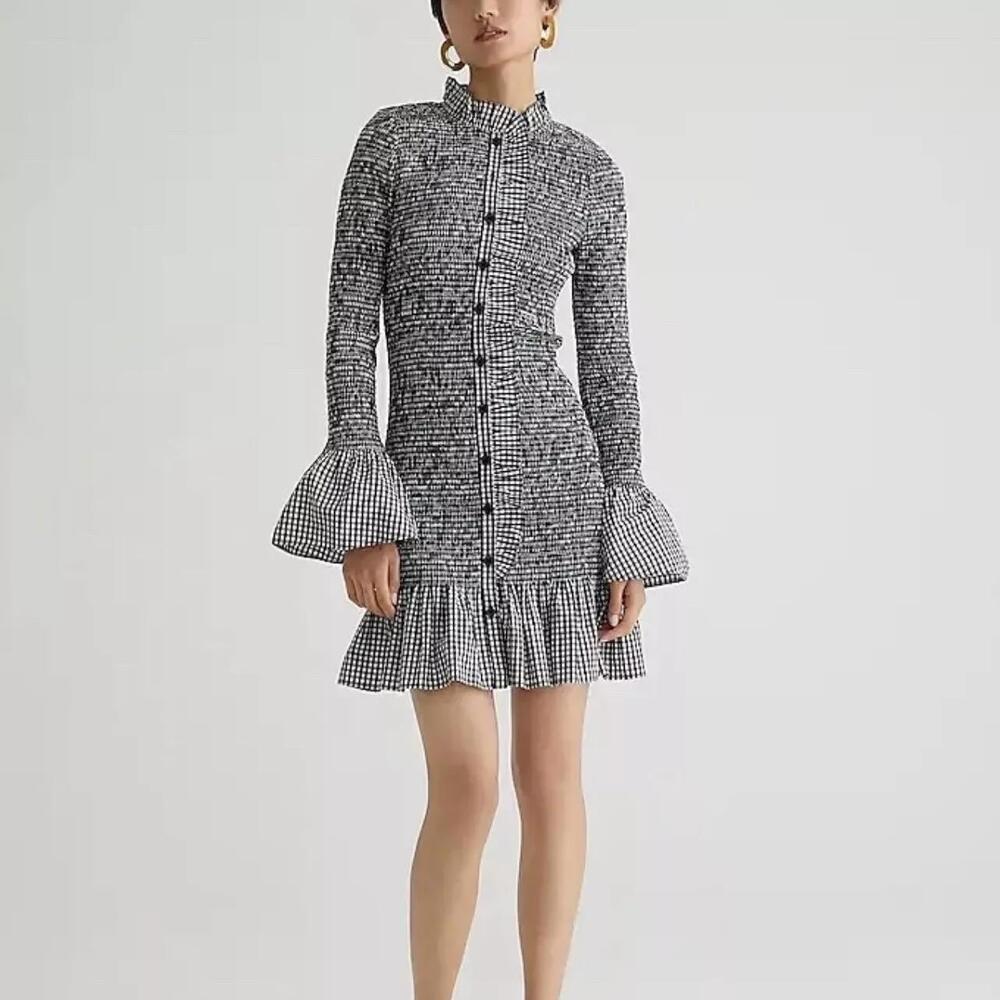 J.Crew Organic Cotton Gingham Ruffle Shirt Dress - XS